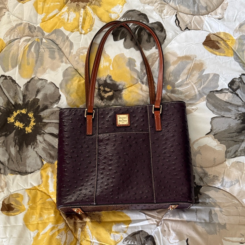Dooney & Bourke Plum Ostrich-Embossed Tote with Brown Leather Handles - Picture 1 of 16
